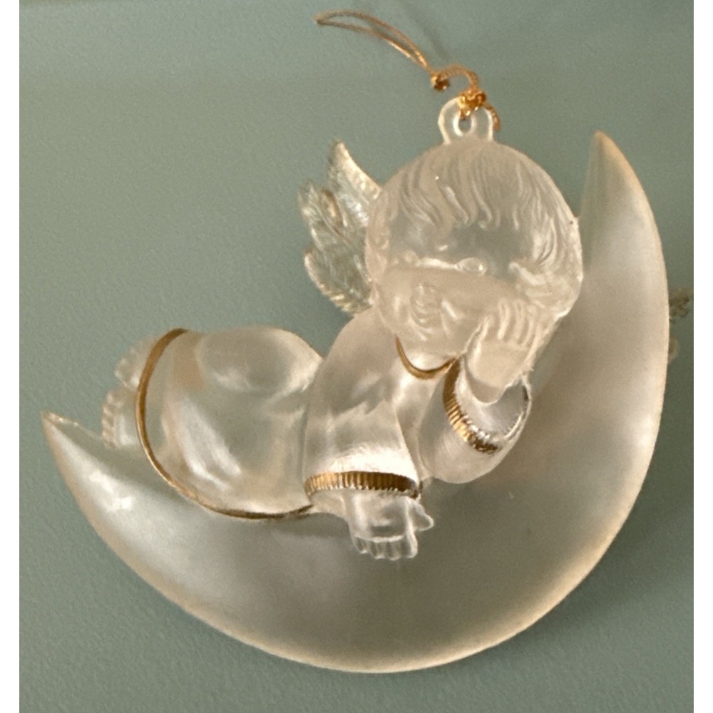 Vintage Christmas Ornament Clear Plastic Angel Crescent Moon Gold Trim 2.5"